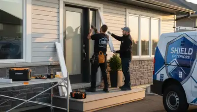 Technician repairing residential door frame and siding in Knoxville, TN home exterior