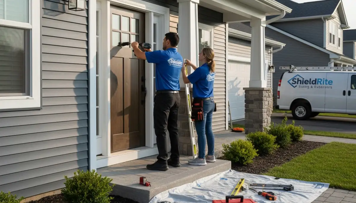 Technician repairing residential door frame, Next Level Exteriors vinyl siding, Knoxville TN home