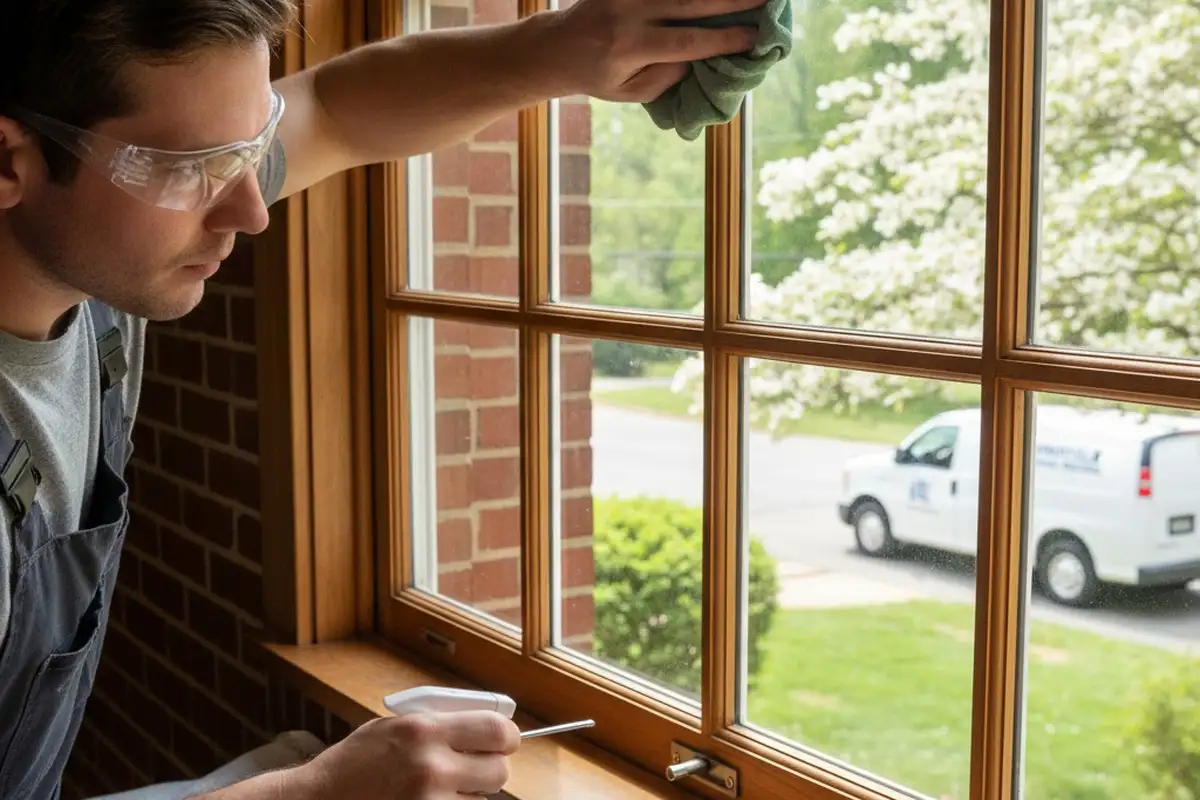 Technician finishing repaired window at Knoxville TN home for Next Level Exteriors vinyl siding service