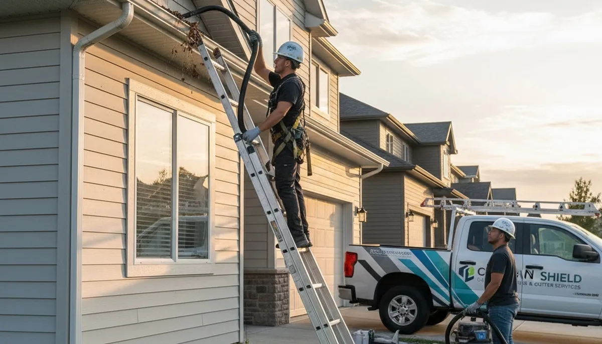 Technician cleaning residential gutters in Knoxville, TN for vinyl siding protection and home maintenance