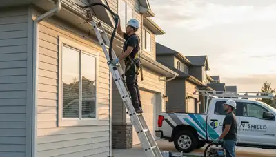 Technician cleaning residential gutters in Knoxville, TN for vinyl siding protection and home maintenance
