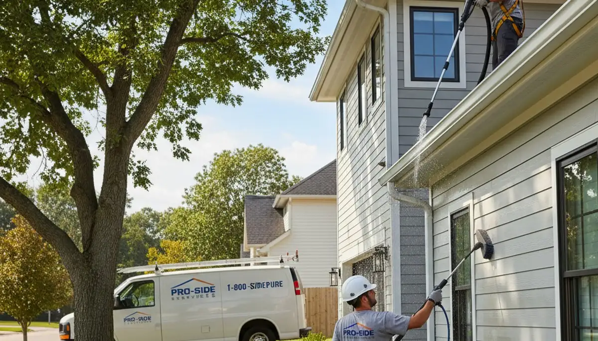 Professional gutter cleaning service in Knoxville TN removing debris from vinyl siding home exterior