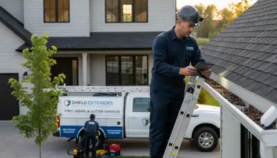 Technician performing gutter inspection on vinyl siding home in Knoxville, TN