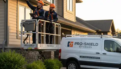 Technician performing gutter inspection on vinyl siding home in Knoxville, TN