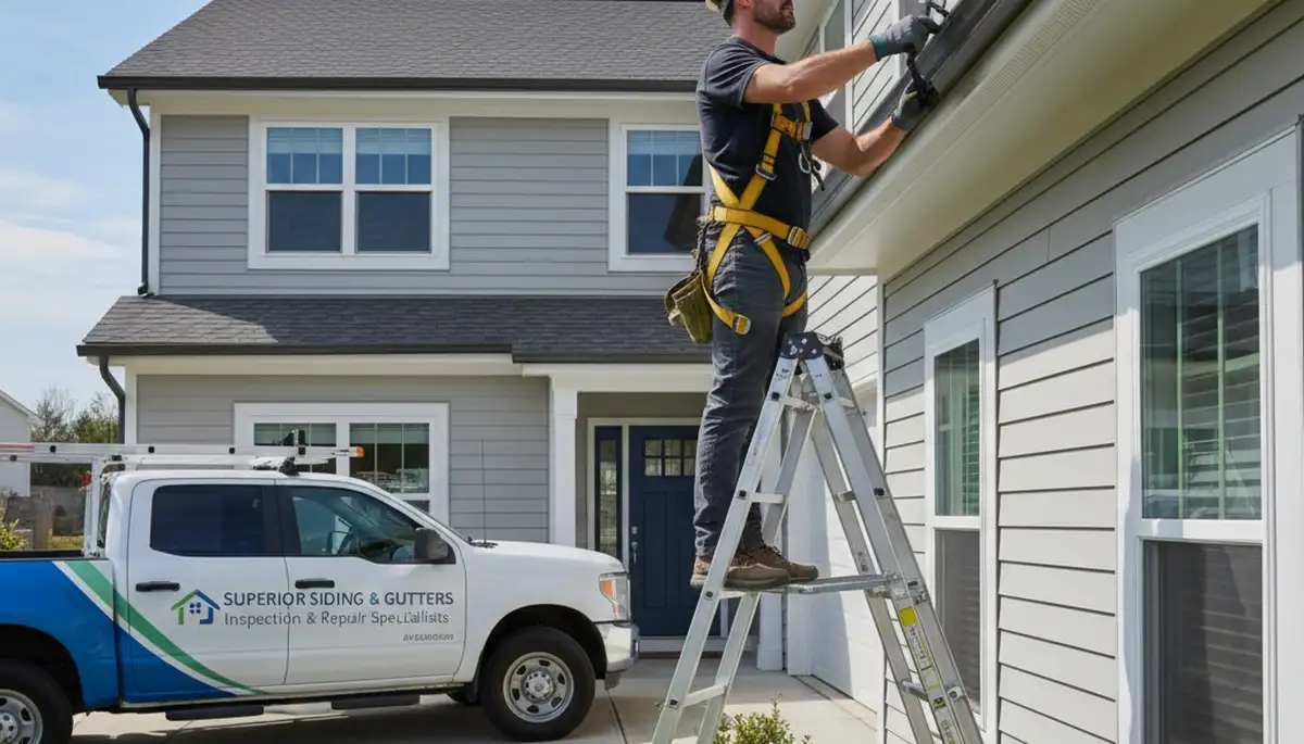 Technician performing gutter inspection on vinyl siding home in Knoxville, TN