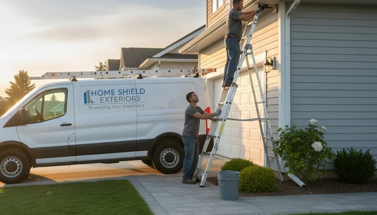 Technician performing gutter repair on vinyl siding home in Knoxville, TN