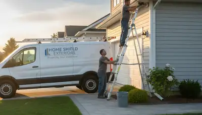 Technician performing gutter repair on vinyl siding home in Knoxville, TN