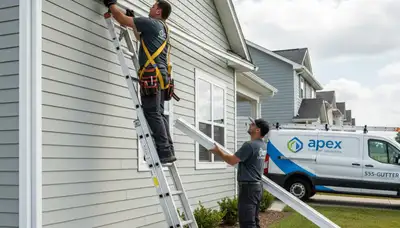 Technician repairing home gutters and vinyl siding in Knoxville, TN for storm damage restoration