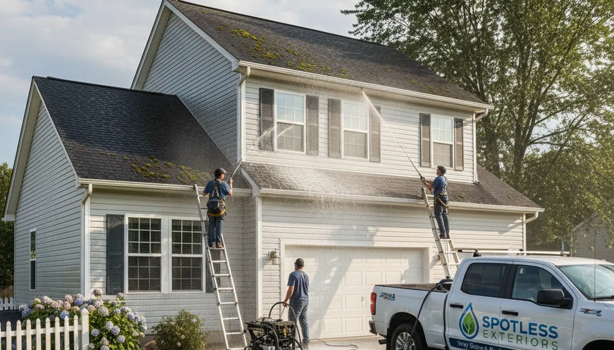 Professional roof cleaning service in Knoxville TN removing moss and debris from residential shingles