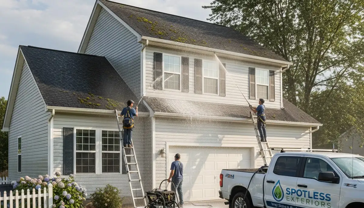 Professional roof cleaning service in Knoxville TN removing moss and debris from residential shingles
