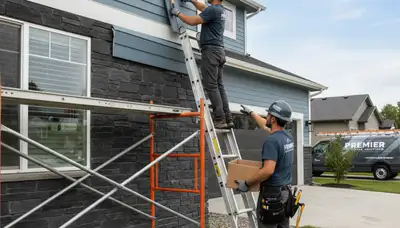 Technician repairing vinyl siding on Knoxville TN home exterior damaged by storm and humidity