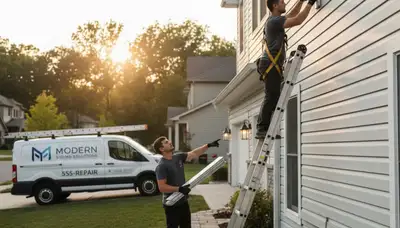 Technician repairing damaged vinyl siding on home exterior in Knoxville, TN