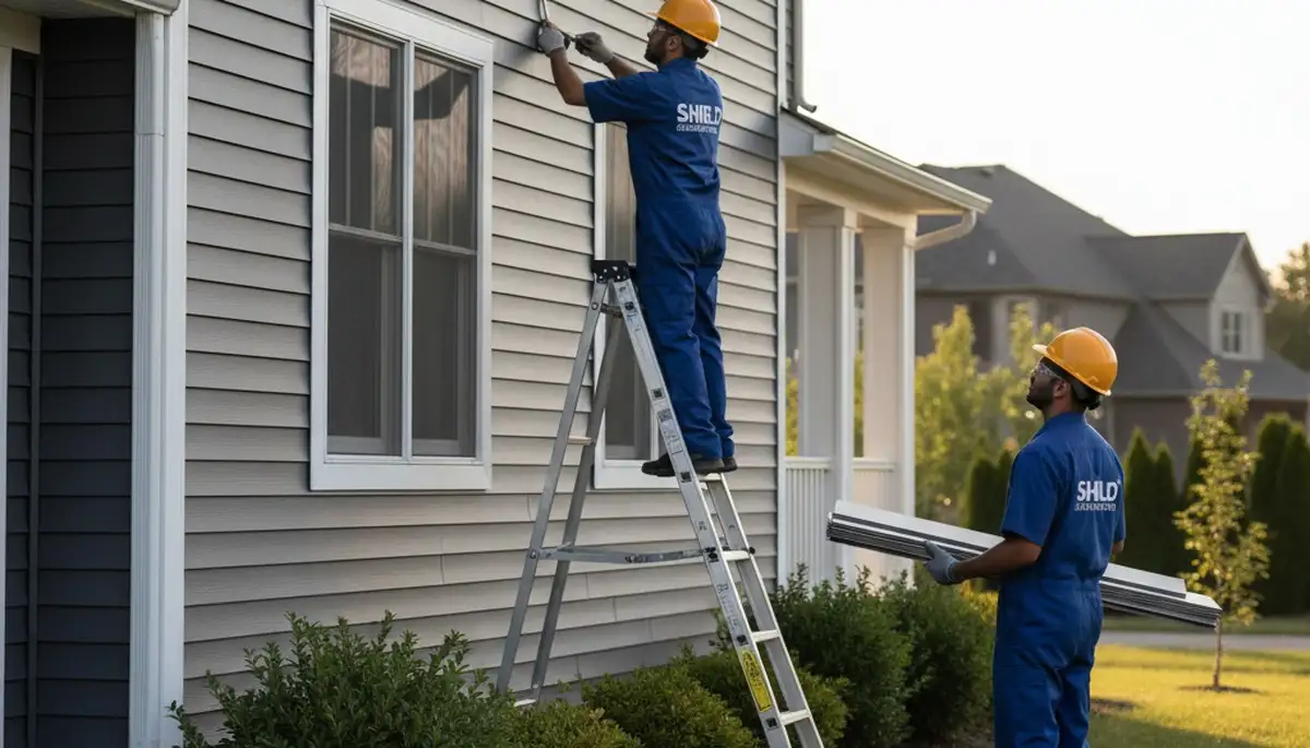 Technician repairing damaged vinyl siding on home exterior in Knoxville, TN