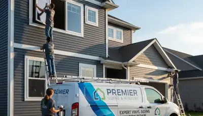 Vinyl siding and window repair experts working on a Knoxville TN home exterior renovation